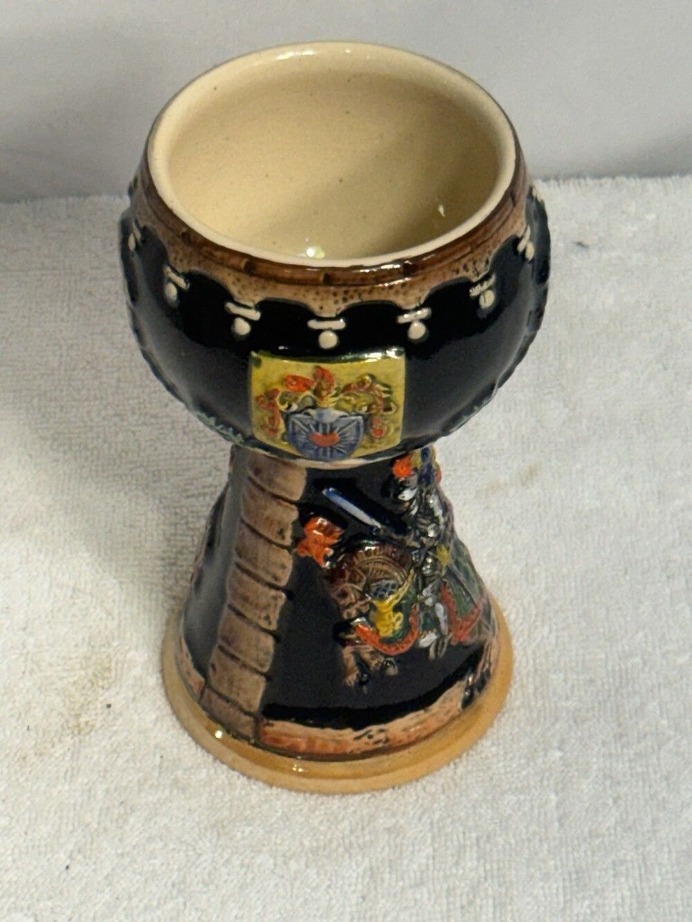 West German Stoneware Pedestal Hand Painted Model Knight Motif 6x3